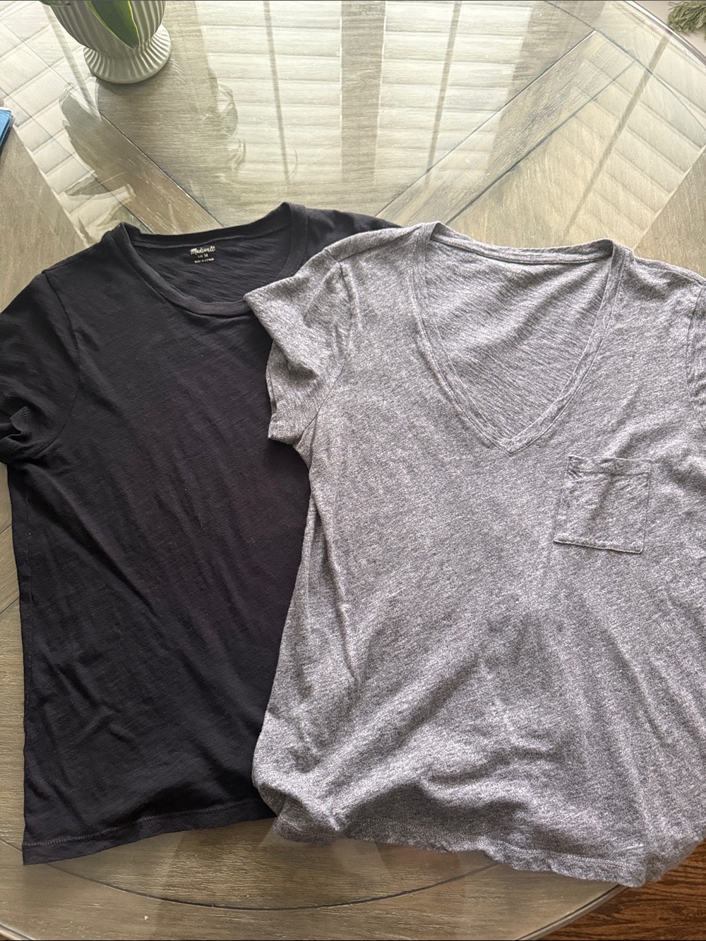 Madewell Women’s Short-Sleeve V-Neck grey Tees and scoop neck black Tee